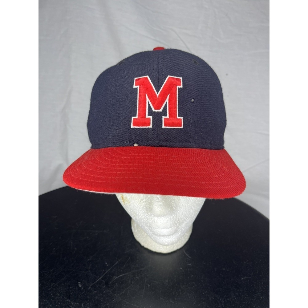 Vintage New Era 5950 Ole Miss Rebels Hat Cap Size 7 Fitted Blue & Red USA Made